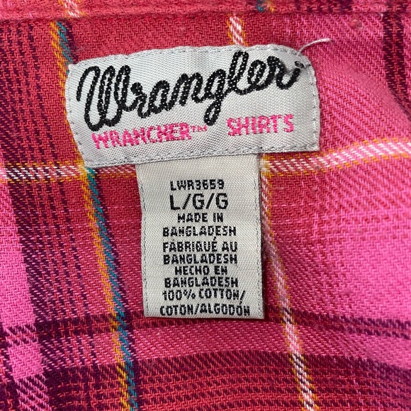 Wrangler Wrancher Pink Plaid Pearl Snap Button Down Long Sleeve Size Large - Picture 7 of 11